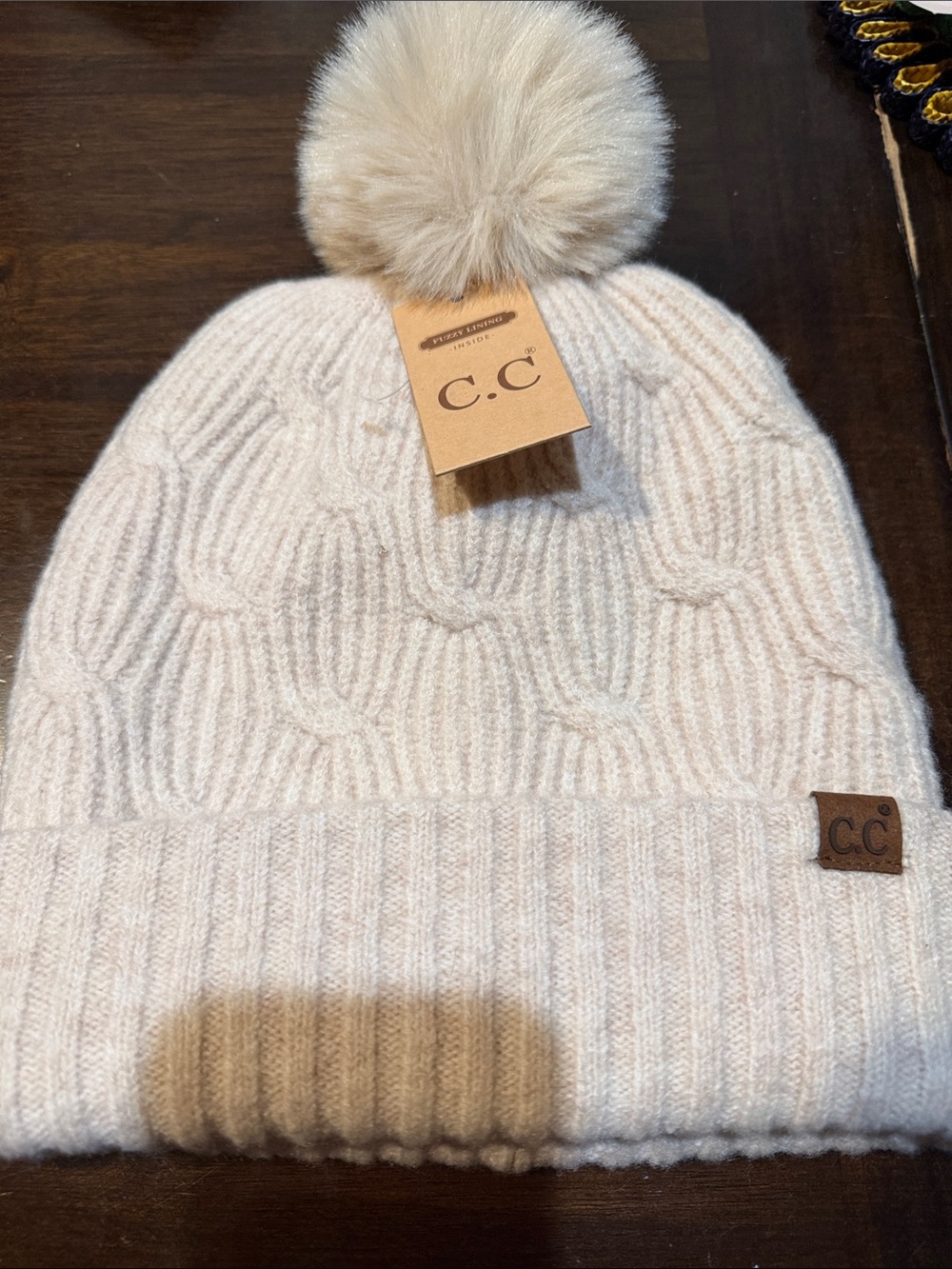 C.C Cream Cable Knit Beanie with Faux Fur Pom